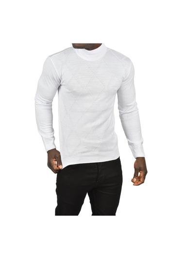 Deepsea Erkek Beyaz Baklava Desenli Yarım Balıkçı Yaka Boğazlı Triko Kazak 2505508 Beyaz