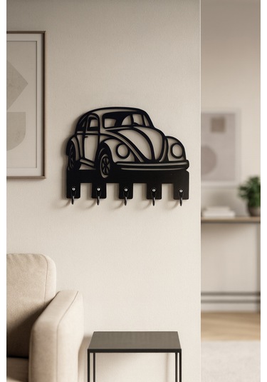 Vosvos Araba Figürlü Duvar Anahtarlık Askısı Siyah - Beyaz