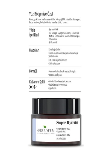 Herbaderm Super Hydrator Cilt Bariyerini Güçlendirici ve Onarıcı Yoğun Nemlendirici Krem 50 ML