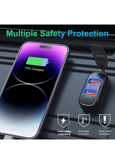 Xuweiwei Siyah Zunvmms Usb Araç Şarj Cihazı, Çift Qc 3.0 Ve Pd Hızlı Şarj, Mavi Işık Ekranı, 12v/24v Uyumlu