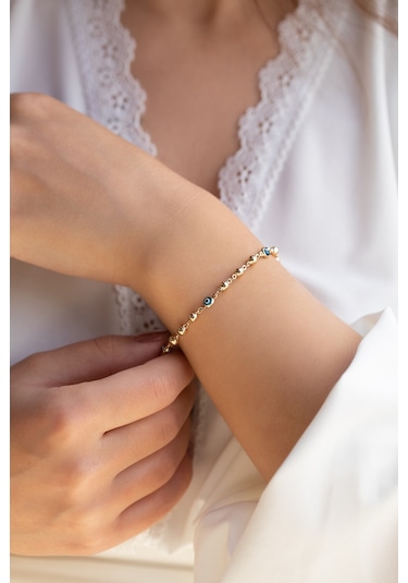 14 Ayar Altın Nazar Boncuklu Dorikalı Kadın Bileklik Sarı Altın