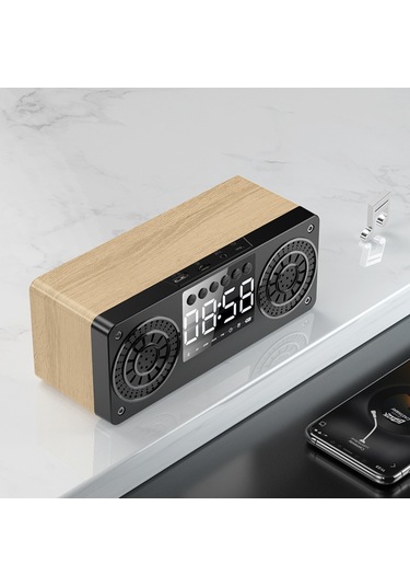 Springsun A10 Müzik Çalar Saat - Bluetooth 5.0 Radyo, Tf Kart, Usb, Aux Destekli Led Ekranlı Hoparlör - Sarı Ahşap Desen
