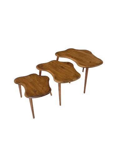 Fawdecor Asimetrik Masif Ahşap Zigon Sehpa Takımı 3'lü Set Ceviz