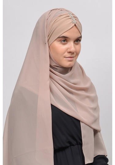 Altobeh Zarif Taşlı Drapeli Hazır Pratik Şifon Kadın Tesettür Şal - Açık Latte