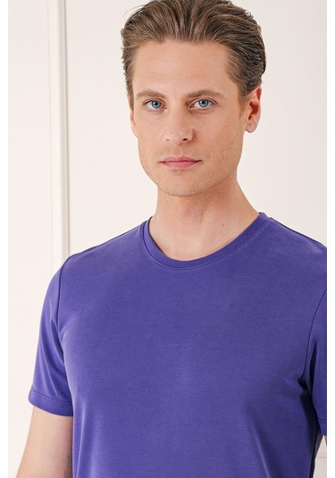 Slim Fit Bisiklet Yaka Pamuklu Mor Tişört Ts 880 Mor