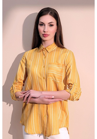 Kadın Sarı Uzun Kol Özel Kumaş Tek Cep Gömlek Dik Çizgili Arkası Uzun Basic Kesim Gömlek Sarı