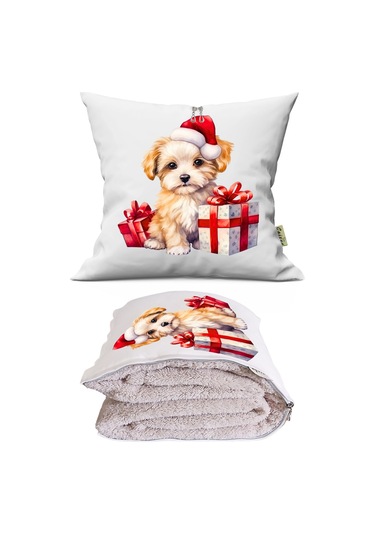 Noel Şapkalı Yavru Köpek Baskılı Dekoratif Yastık Kırlent Opsiyonel Battaniye 2 İn 1 Çok Renkli
