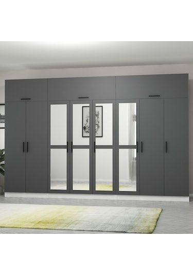 Minar Kale 8 Kapaklı 4 Aynalı 4 Ç Dolap Ve Yüklük Beyaz Antrasit 255cm