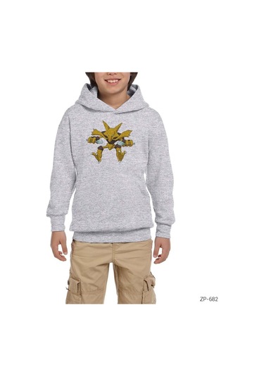 Pokemon Abrakadabra Gri Çocuk Kapşonlu Sweatshirt Gri