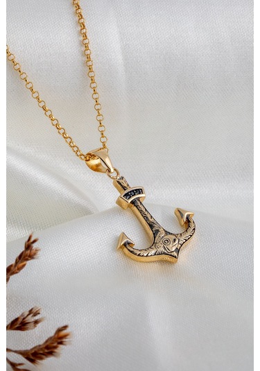 14 Ayar Altın El Yapımı Taşlı Tasarım Çapa Kolye