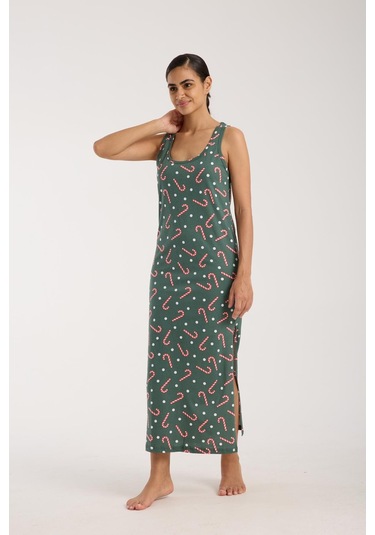 Akbeniz Kadın Kalın Askılı Yırtmaçlı Uzun Yeşil Gecelik Yeşil