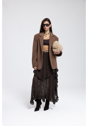 Mireya Asimetrik Kahve Dantel Etek Kahve