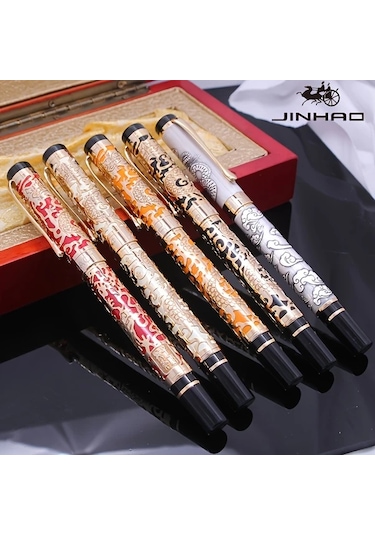 Oldfriend Jinhao 5000 Vintage Sarı Oyma Ejderha Lüks Dolma Kalem İnce Uç Hediye Sarı Oyma