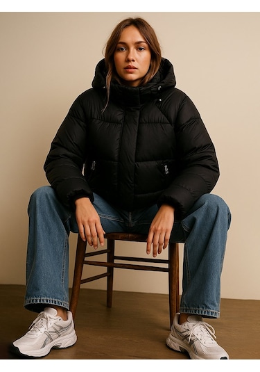 Kapüşonlu Fermuarlı Şişme Siyah Mont Siyah