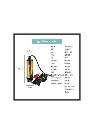 Kızılırmak 12 Volt Alüminyum Dalgıç Tipi Sıvı Aktarma Pompası Filtreli