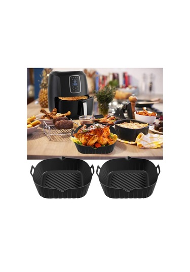 Saplı Silikon Tencere, 8.6 İnç Yeniden Kullanılabilir Hava Fritöz Kaplamaları, Siyah Siyah