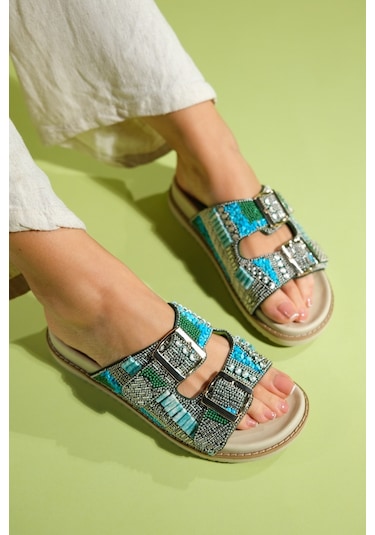 Luvishoes Lanso Yeşil Taşlı Çift Bantlı Kadın Terlik Yeşil