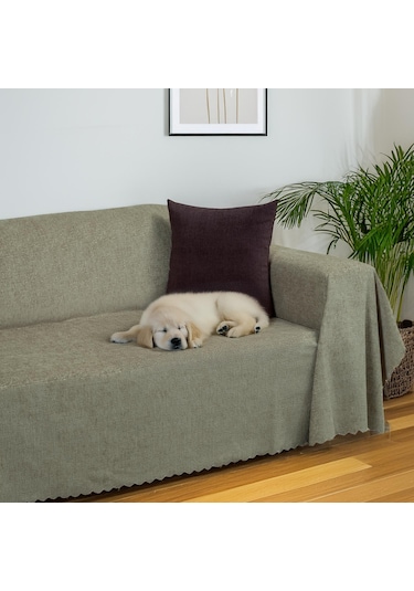 Jakarlı Şönil Koltuk Örtüsü Kanepe Örtüsü Koltuk Şalı 175x350 Kaymaz Kum Beji Kum Beji