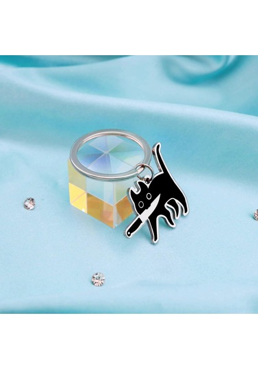 Geeksen Kedi Figürlü Anahtarlık - Siyah Bıçaklı Köpekbalığı Desenli, Unisex Dekoratif Hediyelik Aksesuar