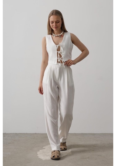 Modasize Bağlamalı Yelek - Beyaz Beyaz