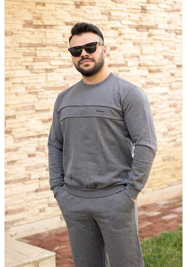 Koyu Gri Normal - Battal Büyük Beden Kalın Sweat Erkek Eşofman Takımı 21eestbakt Gri