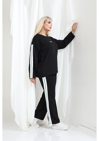 Kadın Büyük Beden Uzun Kollu Şerit Detaylı Oysho Tarzı Modal Kumaş Takım Siyah