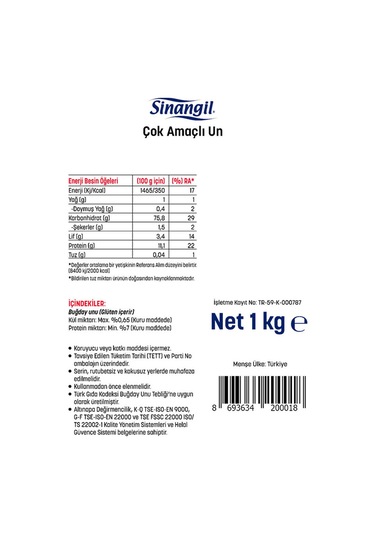 Sinangil Un 1 Kg Çok Amaçlı Buğday Unu, Ev Ve Profesyonel Kullanım