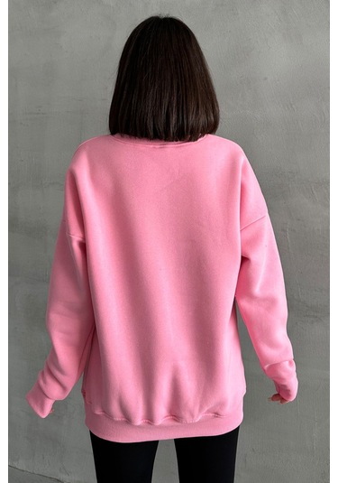 Kadın Pembe Aslan Baskılı Oversize Sweatshirt Pembe
