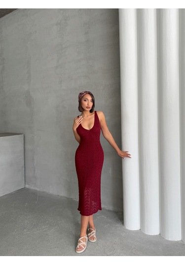 Kadın Askılı Ajurlu Yazlık Triko Elbise Bordo