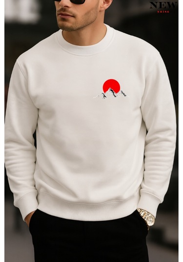 Kırmızı Dağ Baskılı Bisiklet Yaka Sweatshirt Beyaz