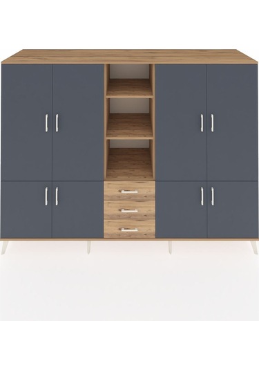 Kronos Dolap 11 Raflı 3 Çekmeceli 8 Kapaklı 220x59x163 Çam-antras Çam-antrasit/çam