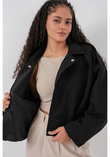 Kadın Siyah Oversize Süet Ceket 1055 Siyah