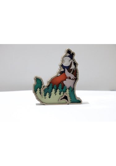 3d Katmanlı Ahşap Kurt Figürlü Dekoratif Masa Süsü Standart