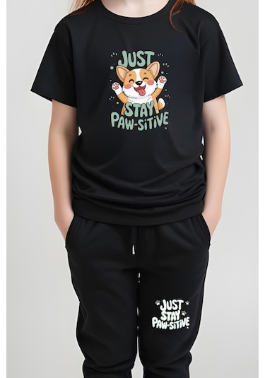 Just Stay Paw Baskılı Kız Çocuk Tişört Ve Eşofman Alt-üst Takım Siyah