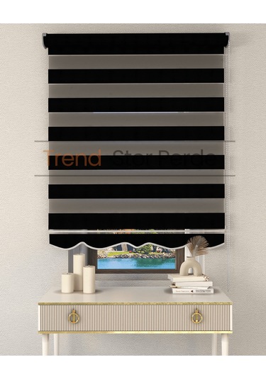 Siyah Bambu Etek Dilimli Zebra Stor Güneşlik Perde Kırık Siyah