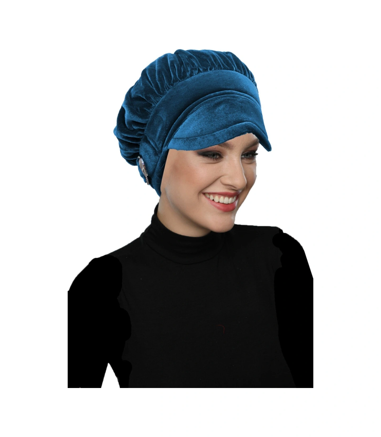 Kadife Şapka Toka Detaylı Petrol Hazır Türban Tesettür Bone Petrol