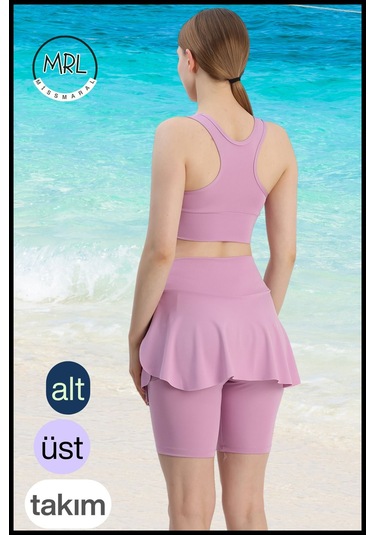 Kadın Takım Alt - Üst Biker Şort Diz Üstü &crop Bra Ped Destekli Denizde Havuzda Sporda Llia Lila