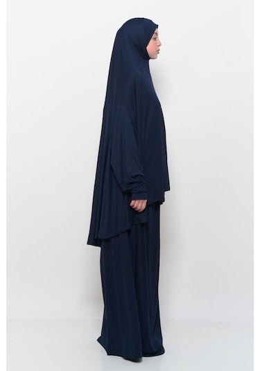 Pratik 2 Parça Pamuklu Yarasa Kollu Başörtülü Tesettür Namaz Elbisesi Koyu Lacivert Antrasit