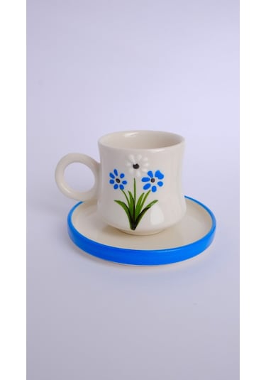 2 Li Takım Mavi Papatya Desenli, El Yapımı Kazan Seramik Kahve Fincanı, Kahve Fincanı, Hand Made Beyaz