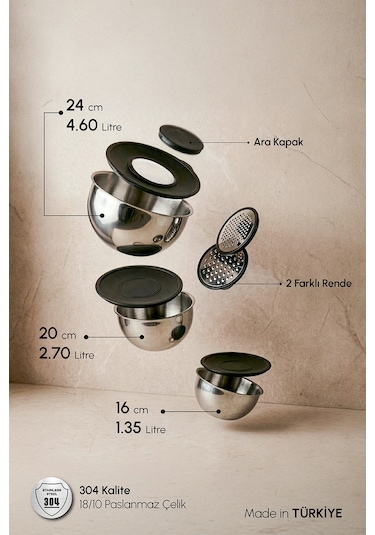 Perotti Mixmate 9 Parça Rendeli Paslanmaz Çelik Karıştırma Ve Saklama Kabı Seti 16-20-24 Cm Diğer