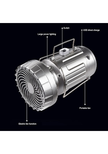 Padalink 3 Lü Fonksiyonel Kamp Feneri, Fan Ve Güneş Enerjisi Şarjlı Taşınabilir Outdoor Aydınlatma Gümüş