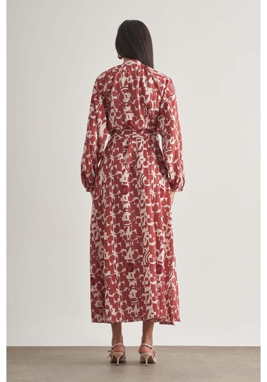 Mizalle Keten Dokulu Naturel Desenli Uzun Yazlık Elbise Çok Renkli