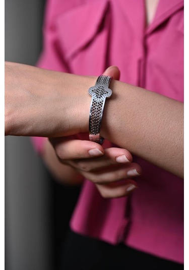 Tükkan Accessories Gümüş Desenli Kalın Kelepçe Çelik Bileklik-keztçbi41