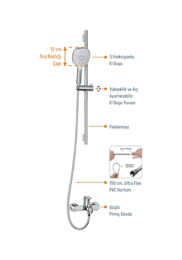 Adell Mode S Sürgülü Duş Seti - Lento Banyo Bataryası - 2 Parça Parlak Krom Ads.35.02.01.01 Krom