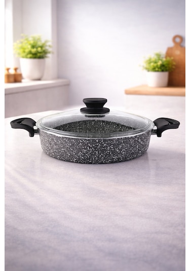 Diez 32 Cm Granit Basık Tencere Gri Yapışmaz Karnıyarık & Pilav Tenceresi Cam Kapaklı