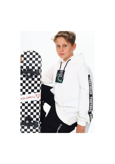 Çocuk Kapüşonlu Stay Strong Yazılıi Sweatshirt-14816 Ekru