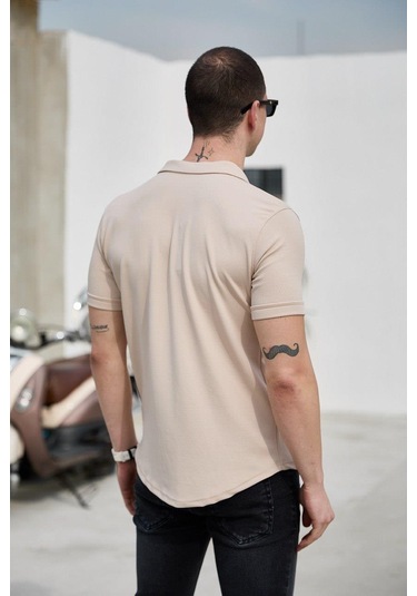 Krem Renk Dokulu Kısa Kol Erkek Gömlek-1583 Krem