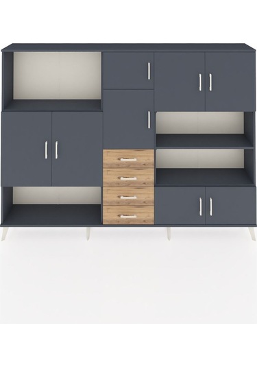 Arges Dolap 9 Raflı 4 Çekmeceli 8 Kapaklı 220x30x163 Antrasit-ant Antrasit-antrasit/çam