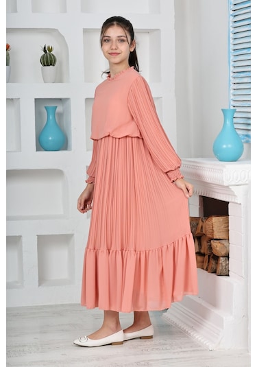 Kız Çocuk Uzun Boydan Pliseli Pamuklu Şifon Uzun Elbise SOMON