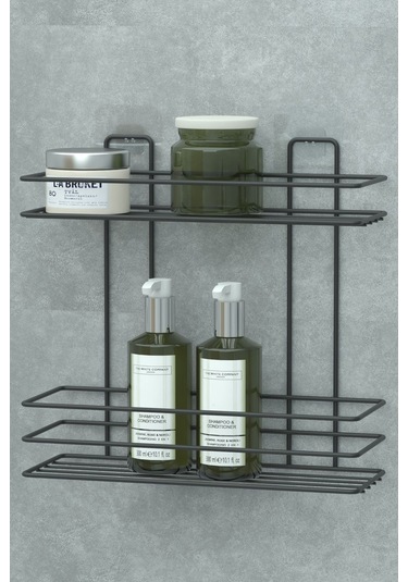 Yapışkanlı 2 Katlı Banyo Rafı Duş Şampuanlık Duvar Düzenleyici Organizer Siyah